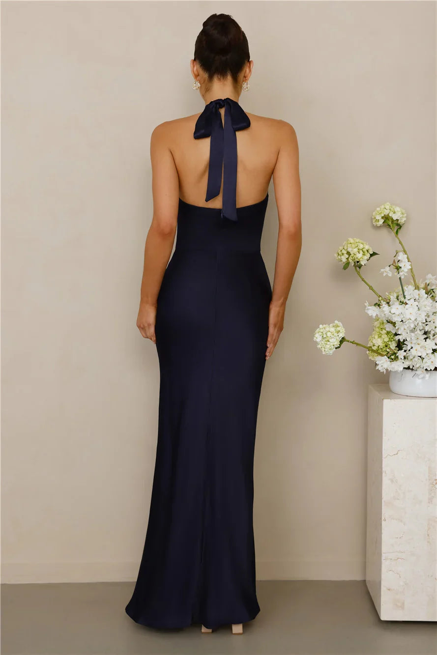 The Cleo Halter Satin Maxi Dress Navy